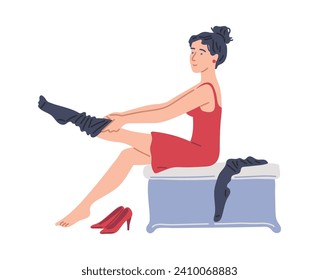 Young woman in red dress wearing a black stockings sitting on a banquette. Happy lady dressing or changing apparel at home. Getting ready, putting on clothes. Flat vector illustration isolated