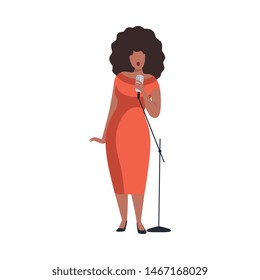 Young Woman in Red Evening Dress Singing with Microph Beautiful African American Jazz Singer Vector Illustration