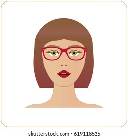 Young woman with red glasses in vector. Stylish girl with modern spectacles. Cute woman face avatar. Bob women's hair style