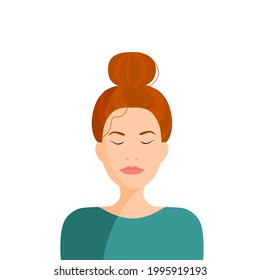 Young Woman With Red Hair Bun In Green Top. Flat Stock Vector Illustration.