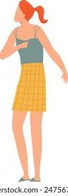 Young woman red hair ponytail green tank top yellow plaid skirt gray sandals. Teen female casual summer clothes relaxed posture looking sideways. Youth fashion stylish attire flat illustration