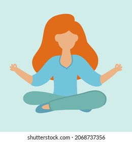 Young woman with red hair sitting in lotus position gymnastics yoga, simple female character, vector illustration