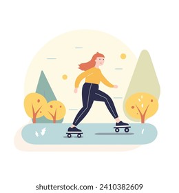 Young woman with red hair skateboarding in park. Female enjoying outdoor recreational activities on sunny day. Happiness and leisure concept vector illustration.
