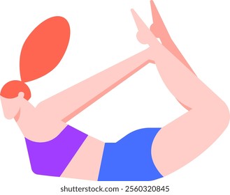 Young woman with red hair tied in ponytail practicing dhanurasana or bow pose yoga asana, stretching body and improving flexibility on white background