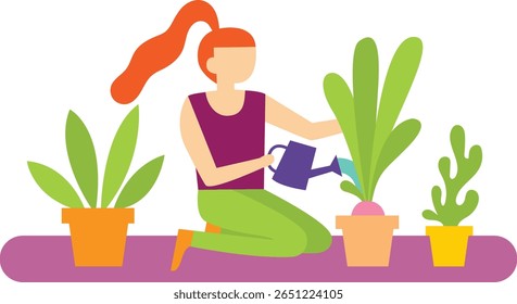 Young woman with red hair tied in ponytail wearing purple shirt and green trousers is kneeling and watering plants in pots with watering can