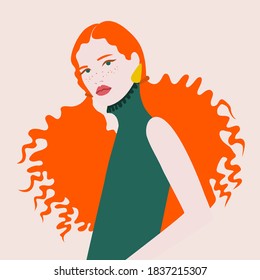 Mujer joven de cabello rojo. Ilustración plana vectorial. Estilo de pelo, color de pelo, moda femenina, belleza