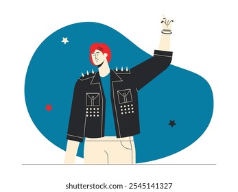 Mujer joven con el pelo rojo que lleva la chaqueta de cuero negra con un montón de tachuelas, pantalones blancos y zapatos, Ilustración vectorial del rock n' roll.