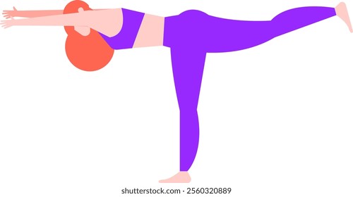 Young woman with red hair wearing purple sportswear practicing yoga warrior three pose. Balancing on one leg with arms and other leg extended. Promoting health and wellness through physical activity