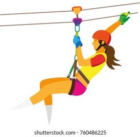 a young woman in a red helmet descends on a strongrope at an attraction zipline