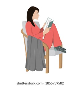Young woman in red pajamas reading a book and sitting on comfortable chair at home. Vector illustration