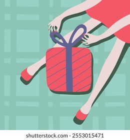 A young woman in red party dress and shoes unboxing a gift. Christmas and Boxing day concept vector illustration