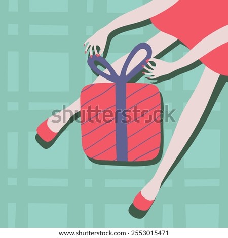 A young woman in red party dress and shoes unboxing a gift. Christmas and Boxing day concept vector illustration