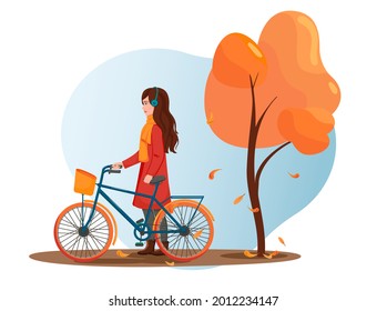 A young woman in a red raincoat and yellow scarf rides a bicycle in the park. Orange. Blue bike. Autumn leaves. Autumn walk in the park. Concept. Flat style. Vector illustration
