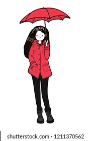 Young woman in a red slicker is enjoying autumn weather. Vector illustration.