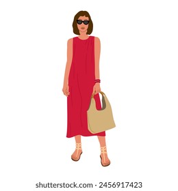 Mujer joven en un vestido de verano rojo. Chica elegante con gafas y un bolso. Ilustración vectorial dibujada a mano aislada sobre fondo blanco, estilo plano de la historieta.