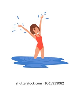 Young woman in red swimsuit standing in blue water of lake or river vector Illustration on a white background