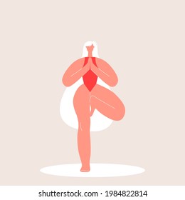 Young Woman in red swimwear doing Yoga. Feminine cartoon character in tree posture vrikshasana. Vector illustration in flat style. Eps 10