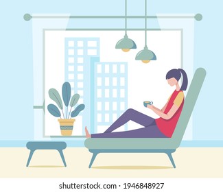 A young woman refreshed the morning with a favorite cup of coffee in her living room at the tall condo. Every day, she comes to sip coffee and see the view here. vector illustration flat design