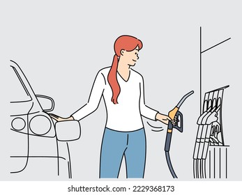 Young woman refuel car at gas station. Smiling female fuel automobile with petroleum. Vector illustration. 