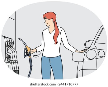 Young woman refuel car at gas station. Smiling female fuel automobile with petroleum. Vector illustration.