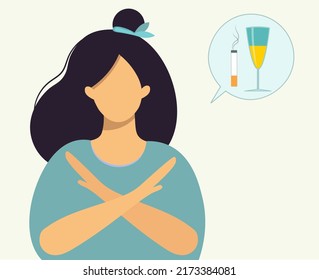 The Young Woman Refused To Drink Alcohol And Smoke. Stop Drinking Wine And Beer, Smoking Cigarettes For Good Health. Brunette Girl Says No To Alcohol And Smoking. Stop Gesture.Isolated Vector Flat 