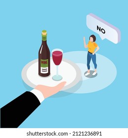 Young Woman Refused Drinking Alcohol Offered By Waiter 3D Isometric Vector Concept For Banner, Website, Illustration, Landing Page, Flyer, Etc