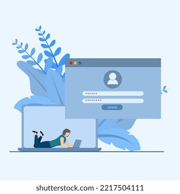 Young woman registering or logging into online account on laptop application. Secure login and password. Online registration and draft registration. User interface. Vector illustration for UI, mobile 