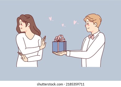 Young woman reject loving man making present  Female say no to guy in love make surprise and gift box  Relationship problem  Vector illustration  