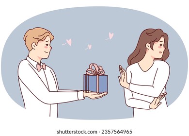 Young woman reject loving man making present. Female say no to guy in love make surprise with gift box. Relationship problem. Vector illustration.