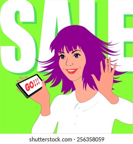 Young woman rejoice by sale. Her eyes sparkle, purple hair fluttering. On a light-green background is written sale. She has phone in hand with slogan Go.
