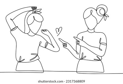 A young woman rejoices at the achievements of her friend. Female friendship. International Firgun Day. One line drawing for different uses. Vector illustration.