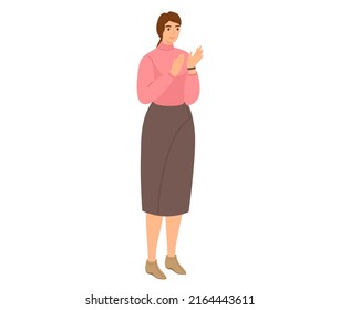 Young woman rejoices smiling claps her hands. Girl in casual clothes stands isolated on white expresses emotion of surprise. Happy female character glad in what she sees at meeting person in good mood
