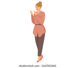 Young woman rejoices smiling claps her hands. Girl in casual clothes stands isolated on white expresses emotion of surprise. Happy female character glad in what she sees at meeting person in good mood