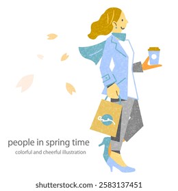 A young woman rejoicing in spring: A colorful and fun watercolor illustration