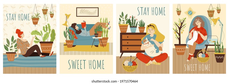 Young woman relax at cozy interior with houseplants in pots. Girl spend time in house garden engages hobby or pet. Set of posters with concept stay at home. Vector illustrations.