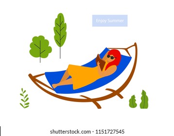young woman relax in hammock reading a book scene