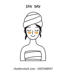 Young woman relaxes after bathing with under-eye patches. Spa day concept in doodle style. Minimalist illustration isolated on white background. Vector line art for social media, web banner, print.