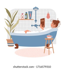 Young woman relaxes in bath and reads book. Daily life and everyday routine. Girl is in cozy bathroom with home plants and cup of tea. Cartoon vector illustration. Vector illustration in flat style.