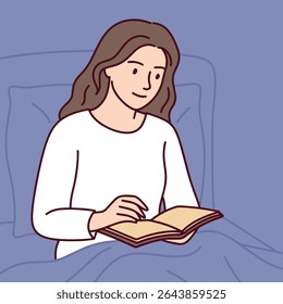 Young woman relaxes at home sitting on bed and reading book alone in peaceful and cozy environment for evening relaxation
