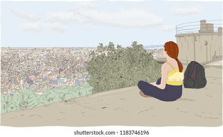 Young woman relaxes and meditates high above a European city, overlooking the cityscape below. Hand drawn vector illustration.