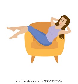 Young woman relaxing in an armchair icon vector  Woman resting and hands behind her head vector  Woman sitting in yellow chair icon isolated white background