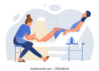 Young woman relaxing in armchair for pedicure flat character vector illustration. Master treat feet with special instrument, girl resting with closed eyes. Hygienic procedure in beauty salon concept