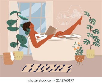 A young woman is relaxing in the bathroom in the evening, reading a book. Mental health. Hygiene and beauty. Happiness, harmony. Mindfulness, positive thinking, self care idea.Flat vector illustration