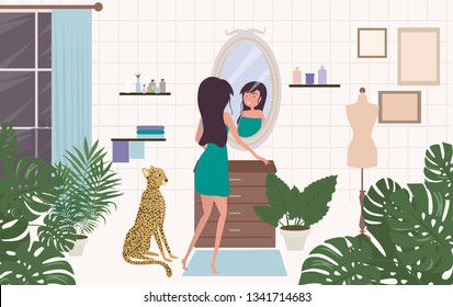 Young woman relaxing in the bathroom surrounded by tropical plants and leopards. Editable vector illustration