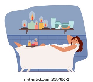 Young Woman Relaxing in Bathtub with Burning Candles. Happy Female Character Hygiene and Beauty Procedure. Girl Washing Body Sitting in Foamy Bath Tub with Bubbles. Cartoon Vector Illustration