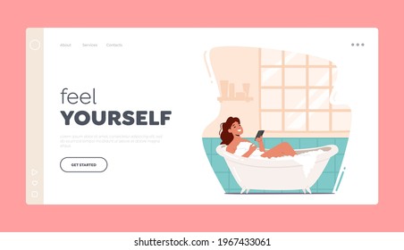 Young Woman Relaxing in Bathtub Landing Page Template. Happy Female Character Hygiene and Beauty Procedure. Girl Washing Body Sitting in Foamy Bath Tub with Bubbles. Cartoon Vector Illustration