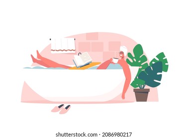 Young Woman Relaxing in Bathtub Reading Book with Coffee Cup in Hands. Happy Female Character Hygiene, Wellness and Beauty Procedure. Girl Washing Body Sitting in Bath Tub. Cartoon Vector Illustration