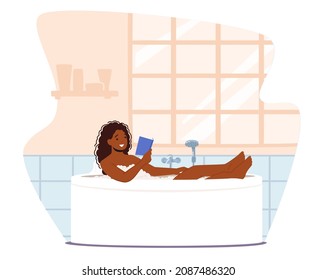 Young Woman Relaxing in Bathtub Reading Book. Happy African Female Character Hygiene, Wellness and Beauty Procedure at Home. Girl Washing Body Sitting in Bath Tub. Cartoon Vector Illustration