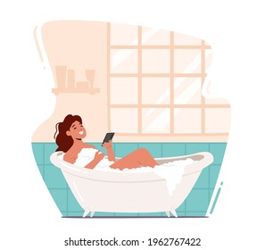 Young Woman Relaxing in Bathtub with Smartphone in Hands. Happy Female Character Hygiene and Beauty Procedure. Girl Washing Body Sitting in Foamy Bath Tub with Bubbles. Cartoon Vector Illustration