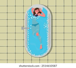 Young woman relaxing in a bathtub, therapeutic and relaxing bath. vector illustration in top view style.